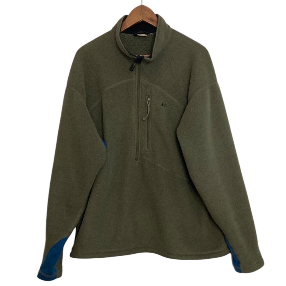 MEC Fleece Jacket Mens XXL Green Blue PolarTec Fleece Half Zip Stretch Sleeves